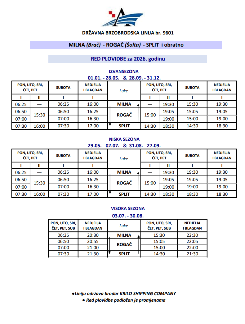 2026 Fast ferry schedule Split to Rogac