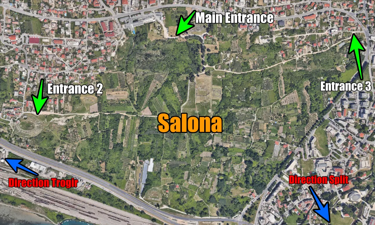 Zračna karta Salone u Solinu s označenim glavnim ulazom, Ulazom 2 i Ulazom 3 u arheološki lokalitet