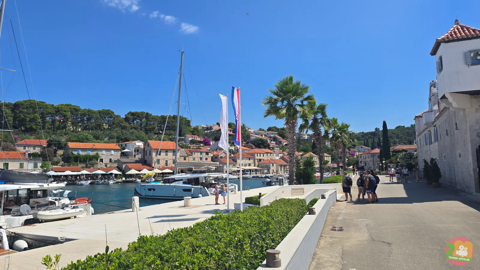 Hafenpromenade in Maslinica auf Šolta mit Palmen, Flaggen, Yachten und Restaurants am Wasser