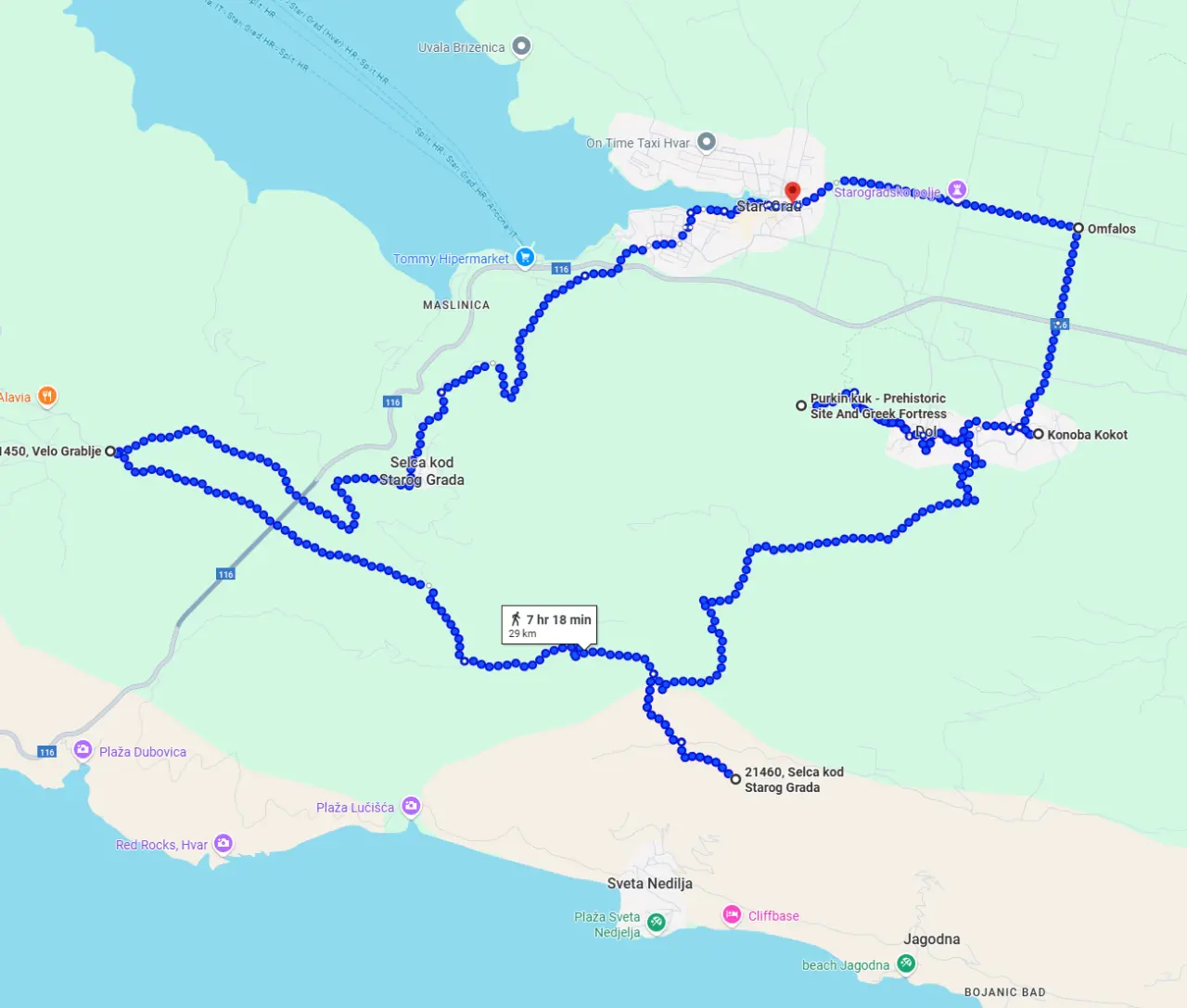 Mapa trasy wycieczki quadami po Hvarze