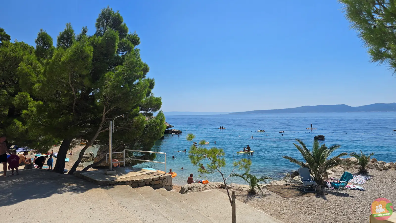Plaża Jardula w Breli z sosnami, schodkami w dół do małej plaży żwirowej i osobami na deskach SUP w przejrzystej zatoce